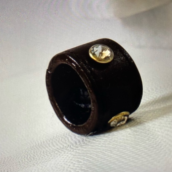 Vintage Leather Ring Wide Band with Crystals Sz 9 - Picture 1 of 6